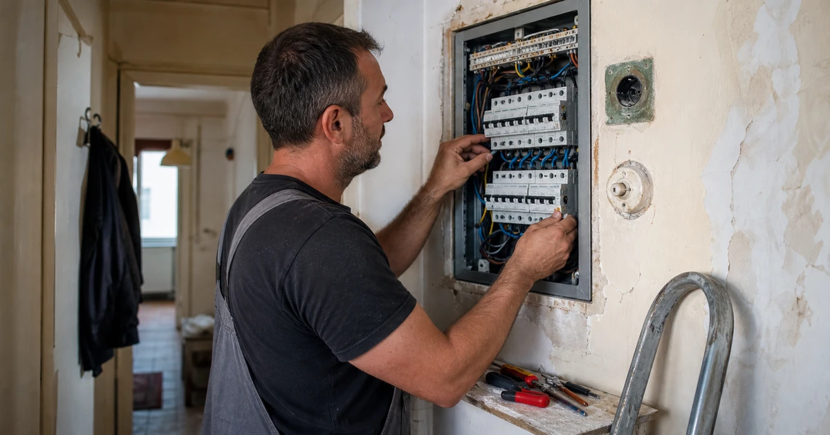 Električar povezuje novu razvodnu tablu sa automatskim osiguračima u starom stanu
