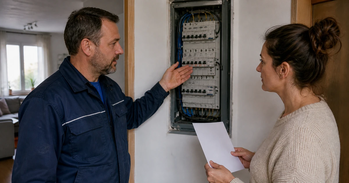 Električar objašnjava mušteriji cenu posla pored razvodne table