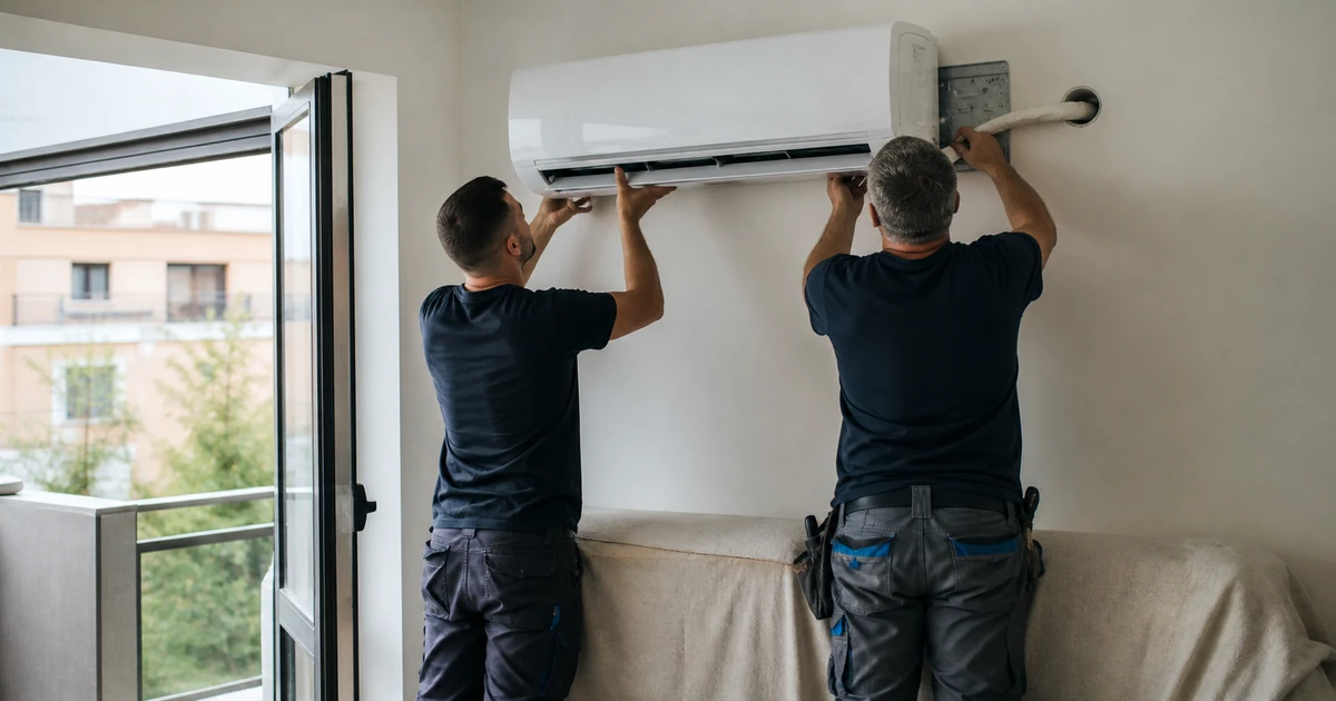 Dva majstora montiraju unutrašnju jedinicu inverter klime u dnevnoj sobi