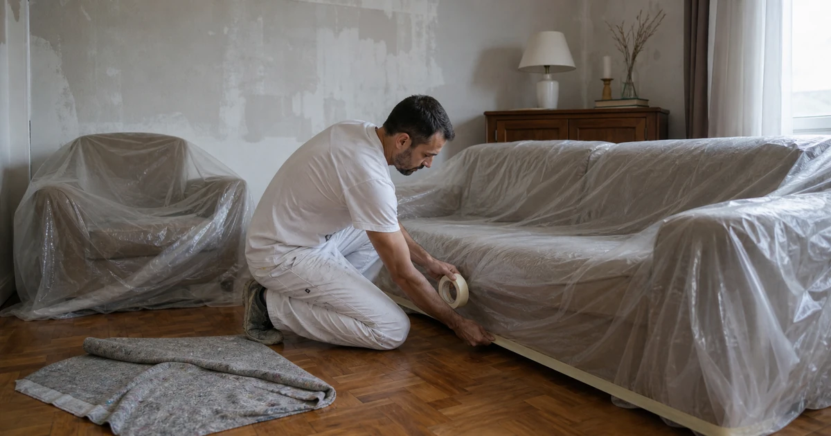 Moler pokriva nameštaj folijom i lepi traku pre krečenja stana